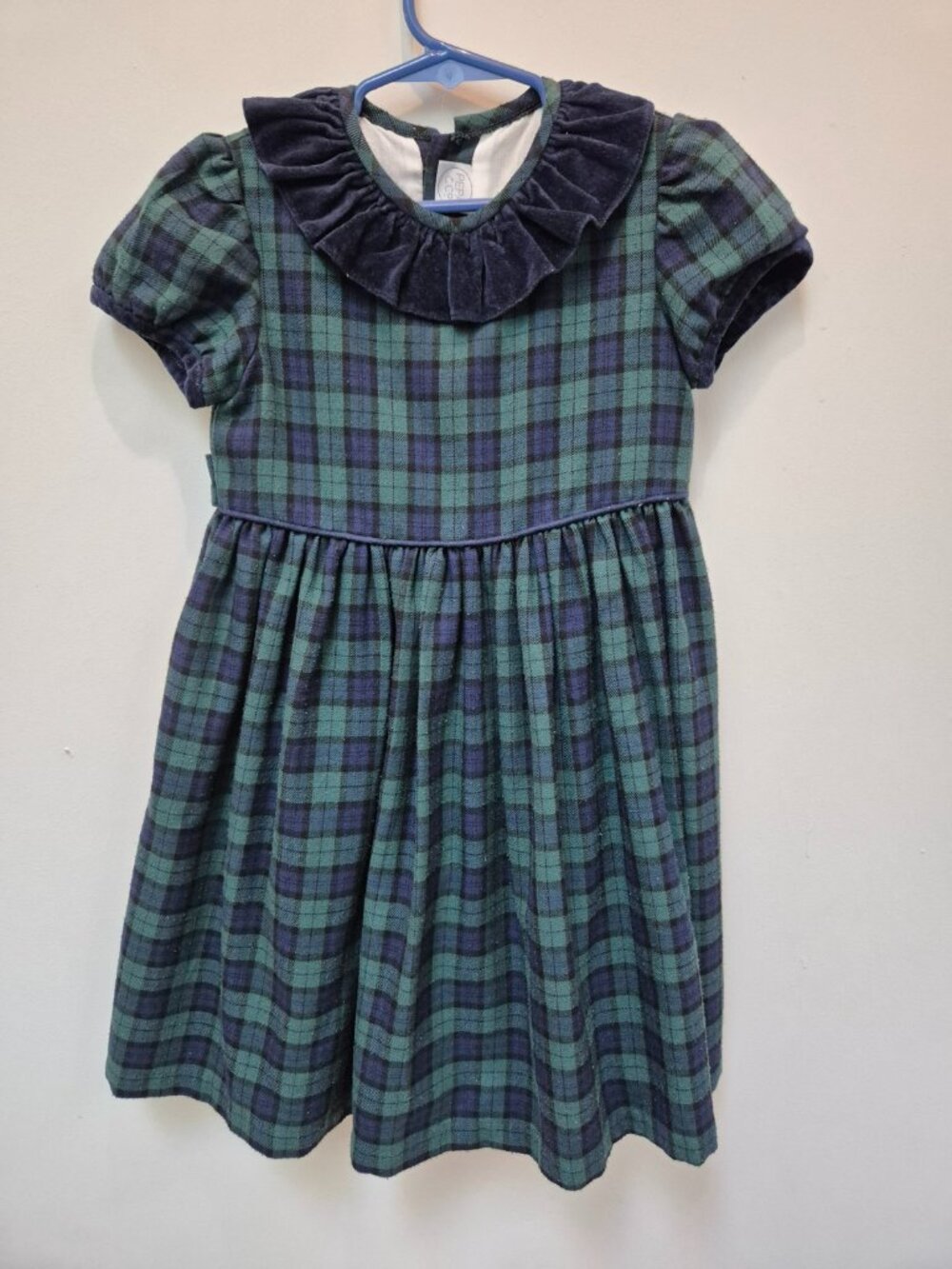 Pepa London Navy Green Plaid Dress with Velvet Collar 6Y